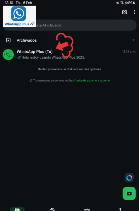 Abre WhatsApp Plus y ve al chat donde deseas enviar la imagen.