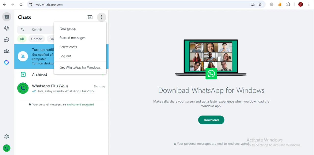 Ahora, tu WhatsApp Plus estará vinculado a WhatsApp Web.