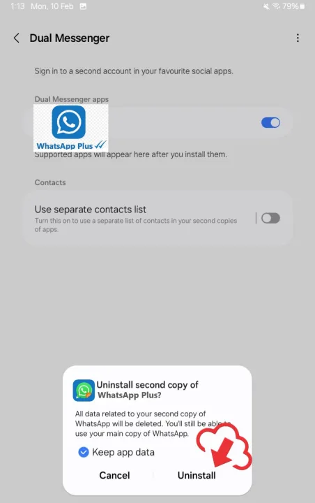 También puedes desinstalar la segunda copia de WhatsApp Plus cuando lo necesites.