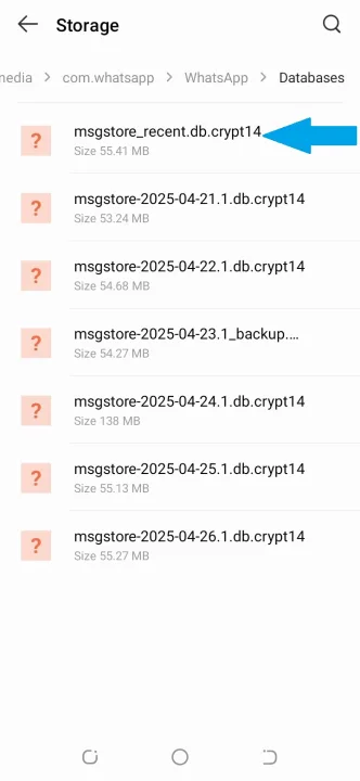 Encuentra la copia de seguridad más reciente y renómbrala como msgstore_recent.db.crypt12.